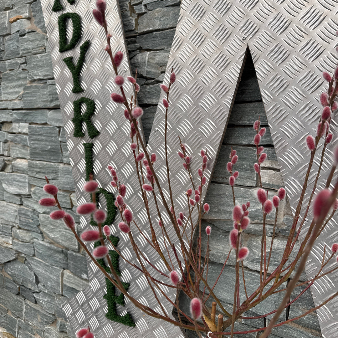 Decorative branch with pink buds on a textured metal surface