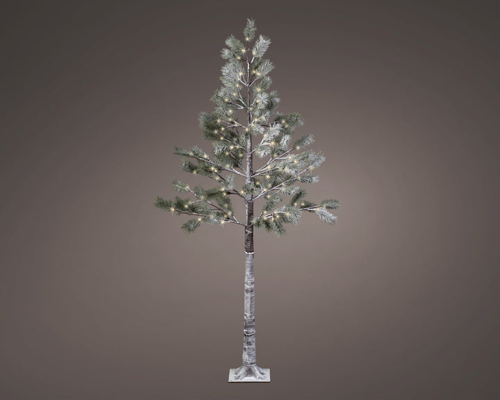 Snowy pine outdoor artificial Christmas tree in green with warm white LEDs, 180cm tall, alternate view