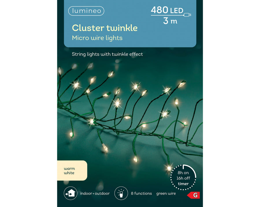 Plug-in micro LED cluster lights with 8 twinkle functions, warm white on green cable, outdoor, 3m