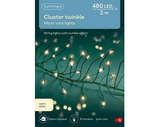 Micro LED cluster lights gb 8 function twinkle effect outdoor green/warm white L.300cm