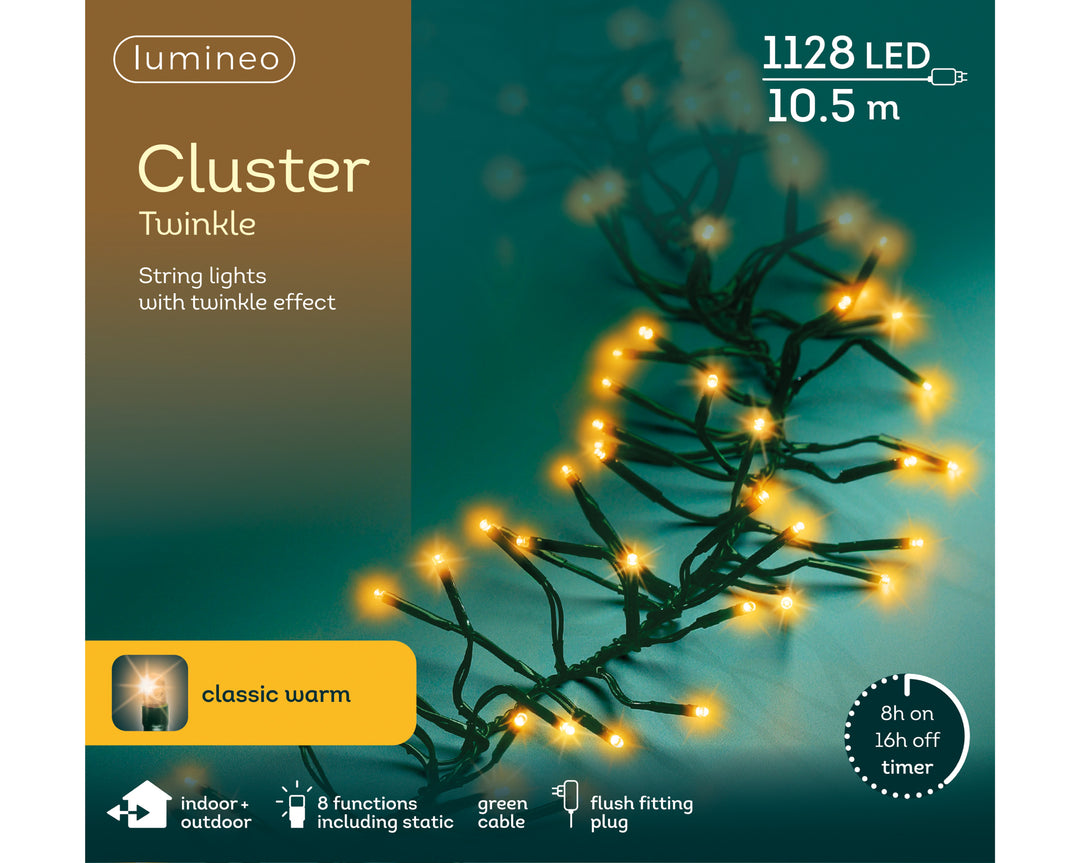 Classic warm white LED cluster Christmas tree lights, 10.5m plug-in string