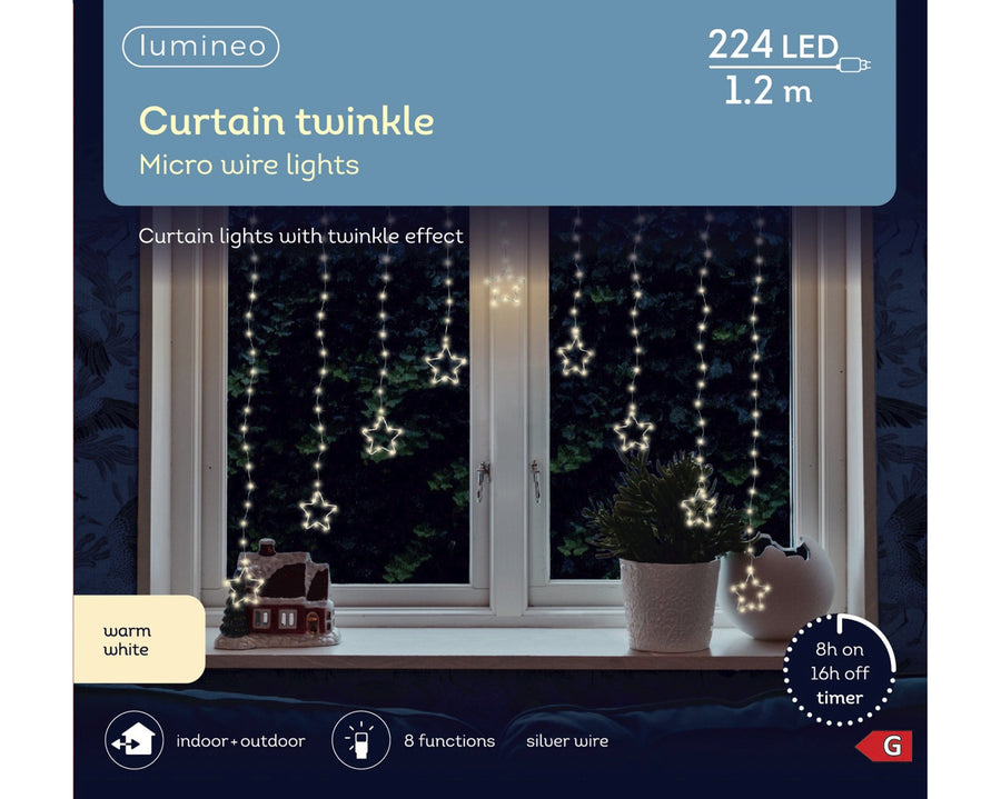 Micro Led Curtain Lights Gb 8 Function Twinkle Effect Outdoor Silver/Warm White L.0.2Cm X W.120Cm X H.60Cm - Christmas Lights - Windyridge Garden Centre