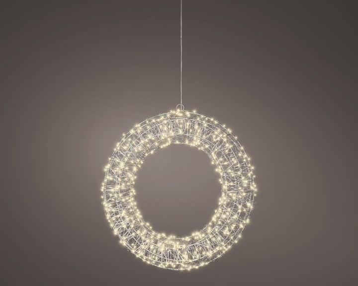 Plug-in silver metal micro LED wreath frame light with warm white flashing and static effects for outdoors, 38cm