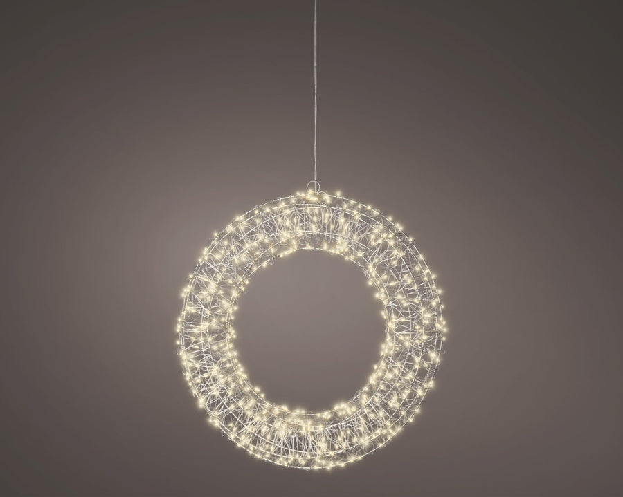 Plug-in silver metal micro LED wreath frame light with warm white flashing and static effects for outdoors, 38cm