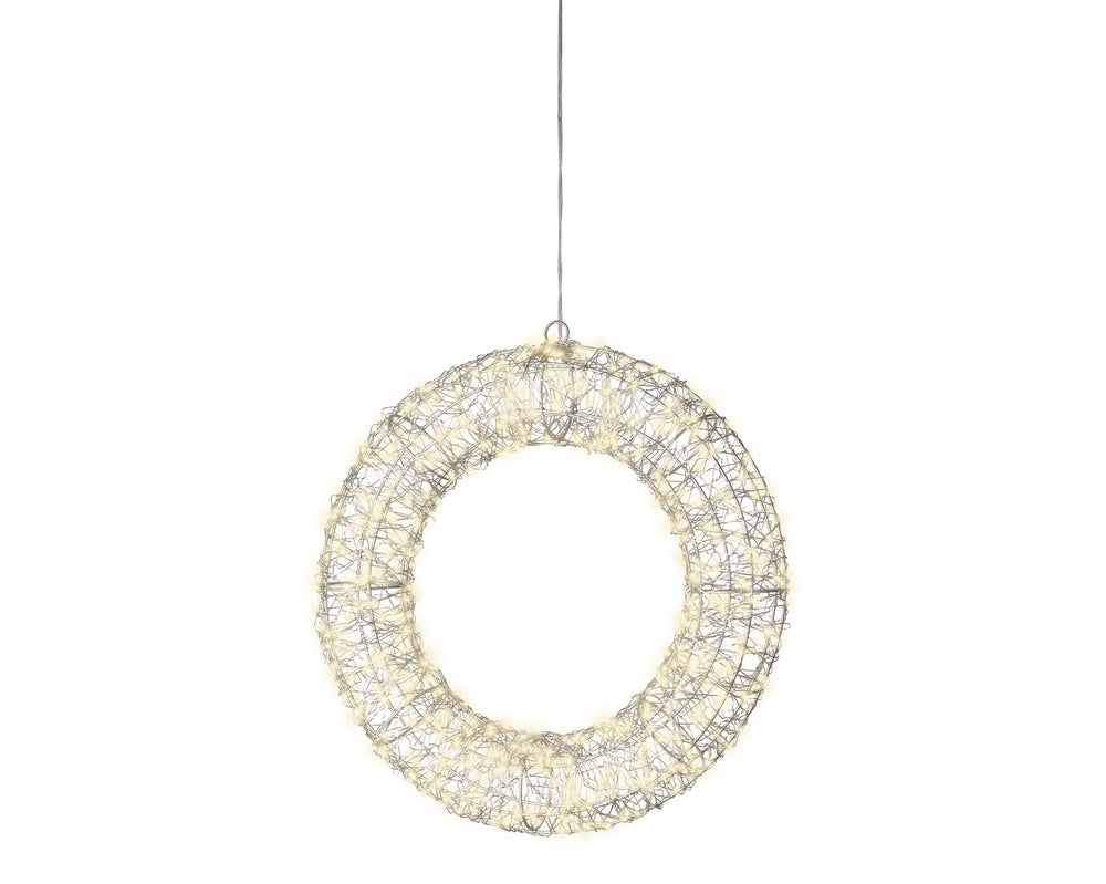 Plug-in silver metal micro LED wreath frame light with warm white flashing and static effects for outdoors, 38cm, alternate view