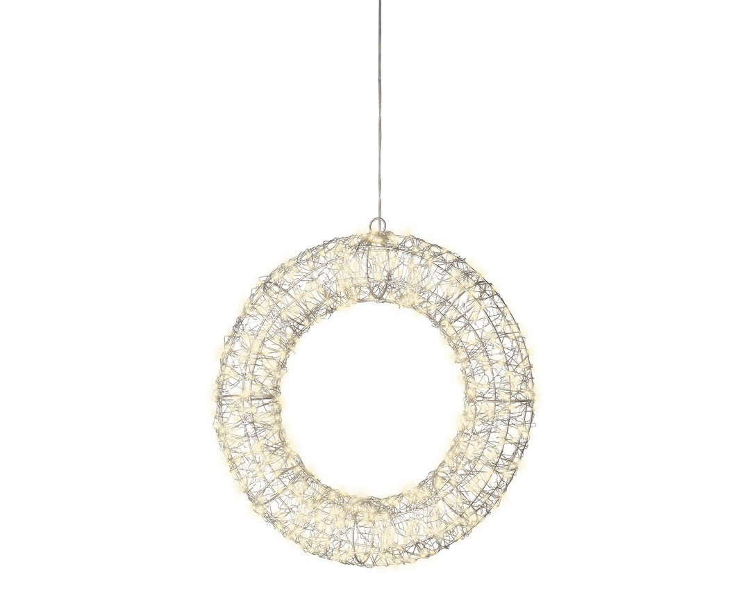 Plug-in silver metal micro LED wreath frame light with warm white flashing and static effects for outdoors, 38cm, alternate view