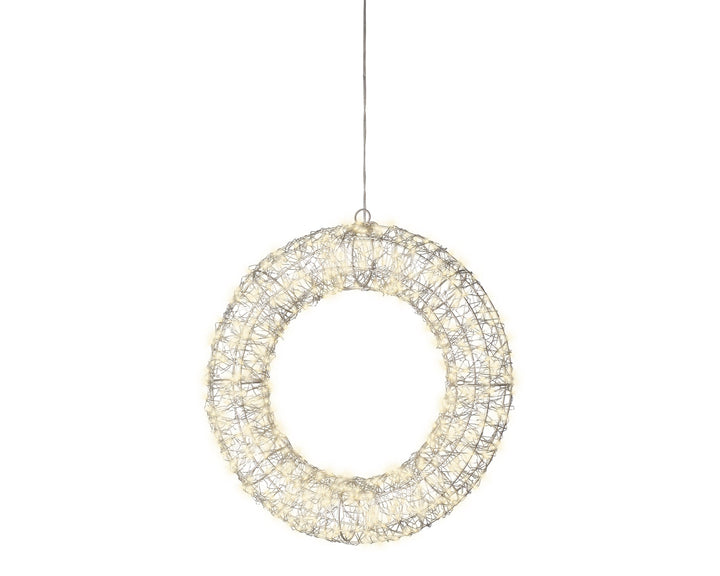 Plug-in silver metal micro LED wreath frame light with warm white flashing and static effects for outdoors, 38cm, alternate view