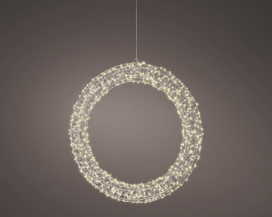 Plug-in silver metal micro LED wreath frame light with warm white flashing and static effects for outdoors, 58cm