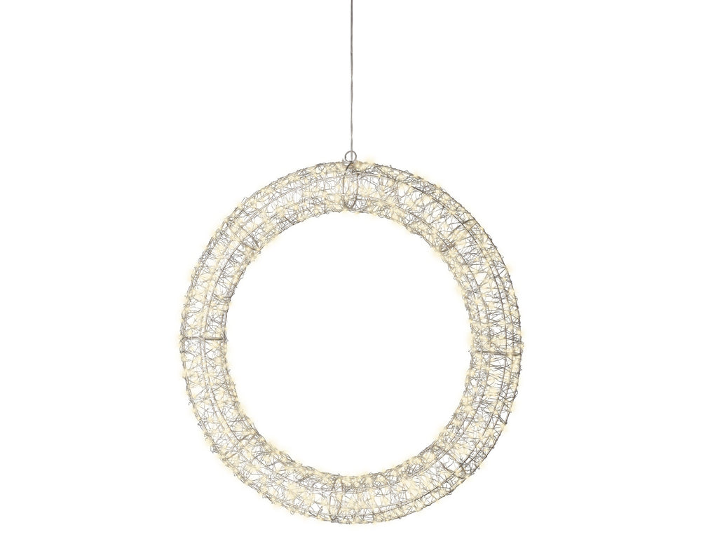 Plug-in silver metal micro LED wreath frame light with warm white flashing and static effects for outdoors, 58cm, alternate view