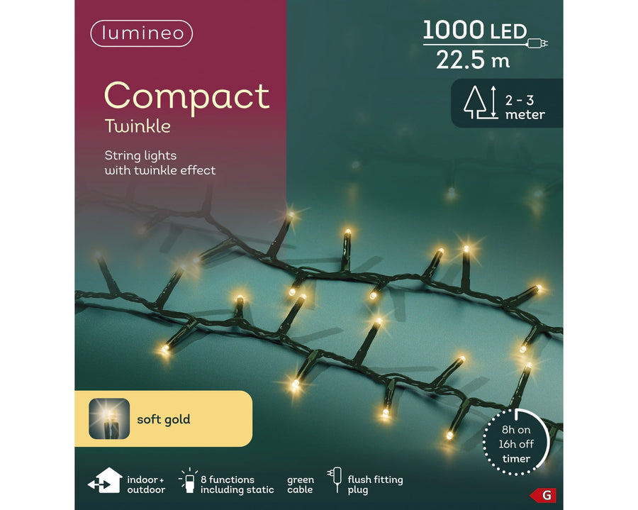 Soft gold LED compact Christmas tree lights, 22.5m plug-in string