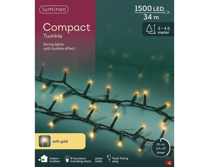 Soft gold LED compact Christmas tree lights, 34m plug-in string