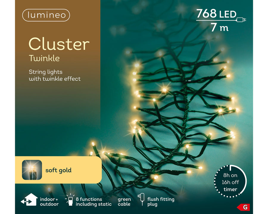 Soft gold LED cluster Christmas tree lights, 7m plug-in string, alternate view