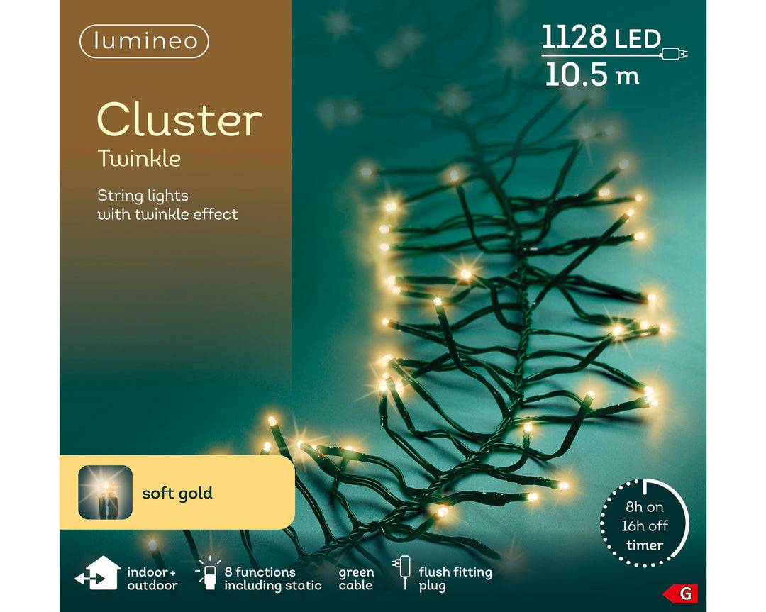 Soft gold LED cluster Christmas tree lights, 10.5m plug-in string, alternate view