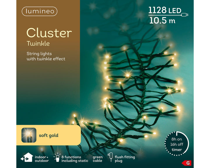 Soft gold LED cluster Christmas tree lights, 10.5m plug-in string, alternate view