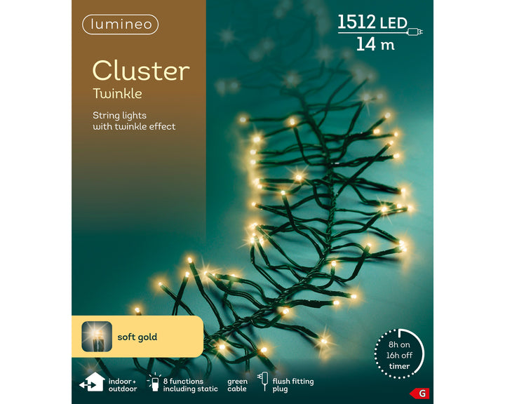 Soft gold LED cluster Christmas tree lights, 14m plug-in string, alternate view
