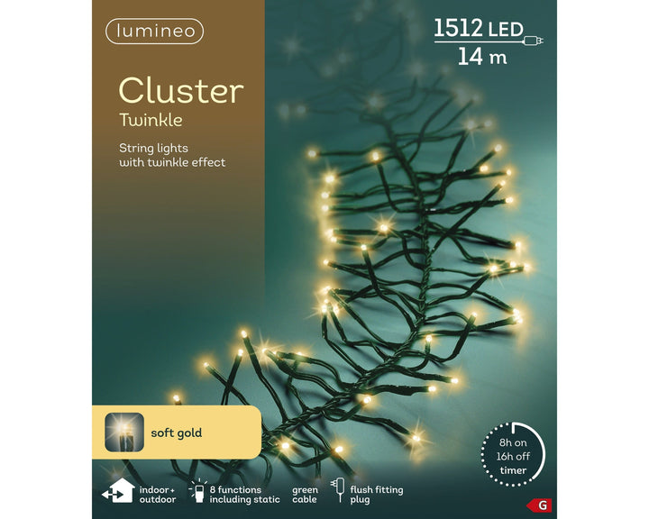 Soft gold LED cluster Christmas tree lights, 14m plug-in string