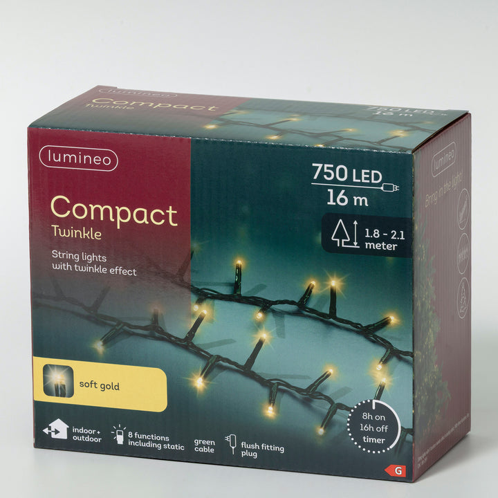 Soft gold LED compact Christmas tree lights, 16m plug-in string, alternate view