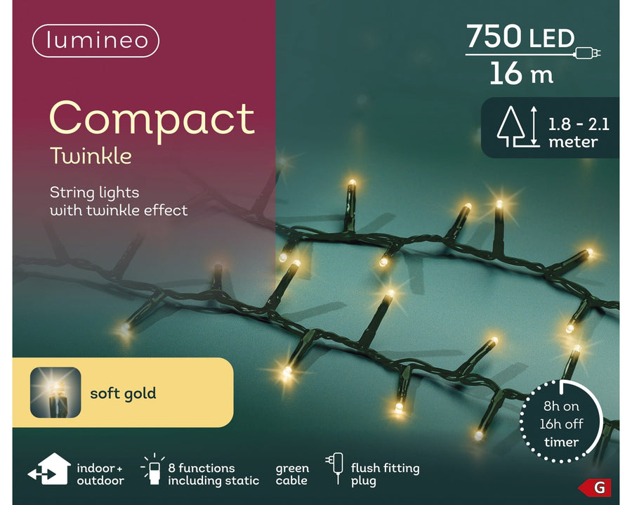 Soft gold LED compact Christmas tree lights, 16m plug-in string