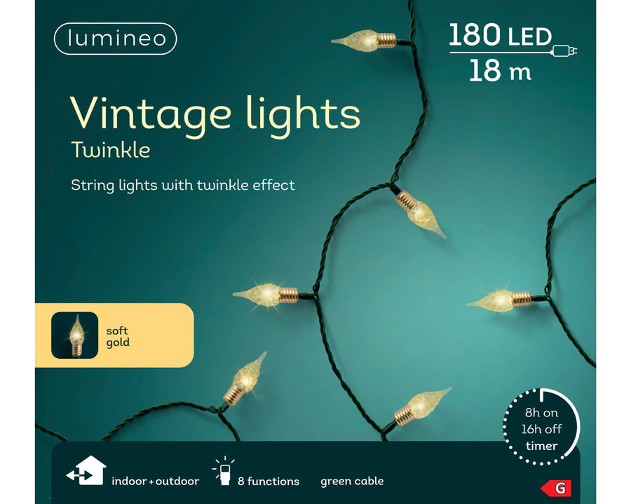 Soft gold LED vintage Christmas lights, 7.9m plug-in string