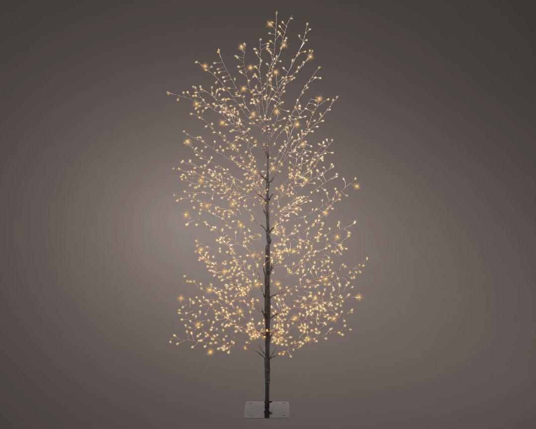 Black full-branch outdoor artificial Christmas tree with classic warm micro LEDs, 150cm tall, alternate view