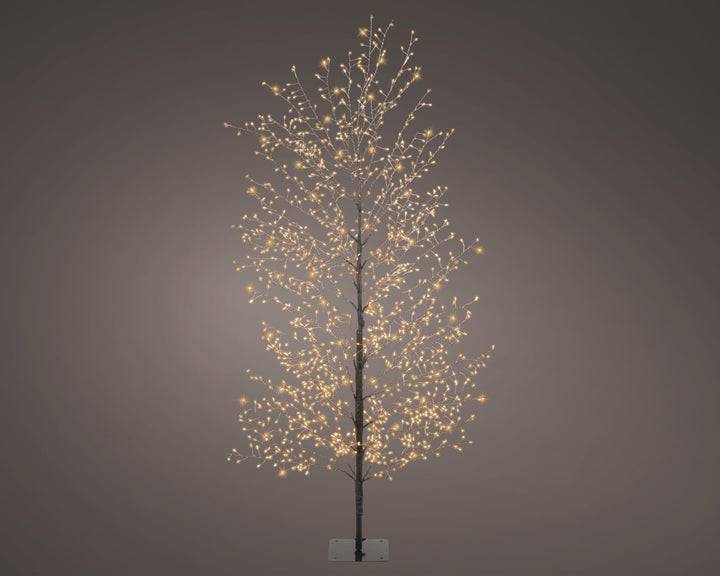 Black full-branch outdoor artificial Christmas tree with classic warm micro LEDs, 150cm tall, alternate view