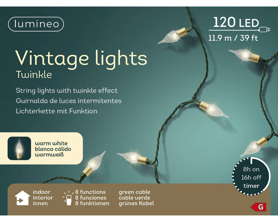 Led Vintage Lights Gb 8 Function Twinkle Effect Indoor Green/Warm White L.1190Cm - Christmas Lights - Windyridge Garden Centre