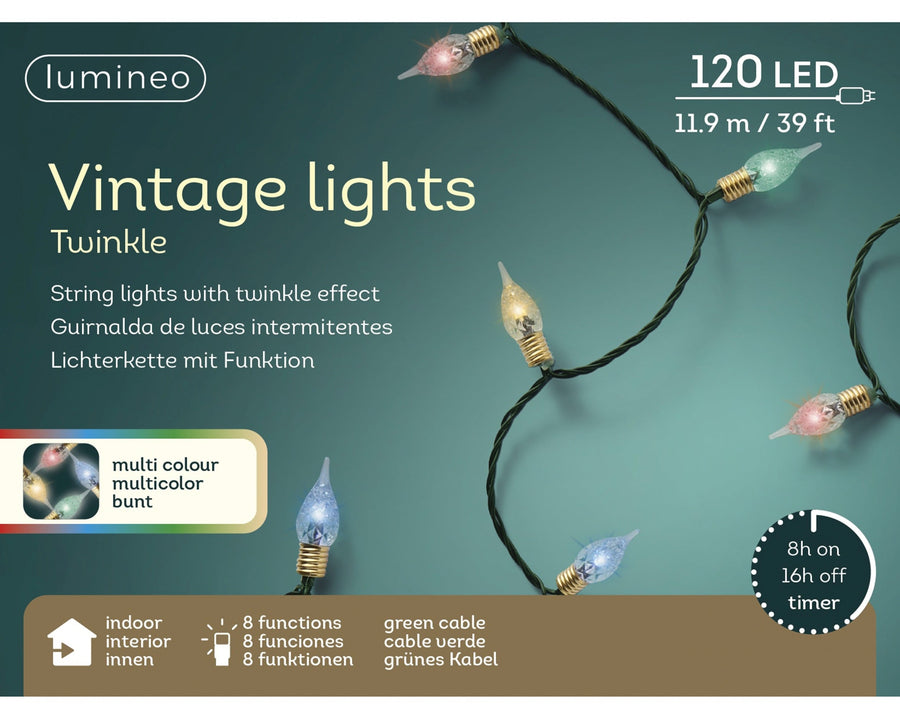 Multi-colour LED vintage Christmas lights with twinkle effect, 11.9m plug-in string