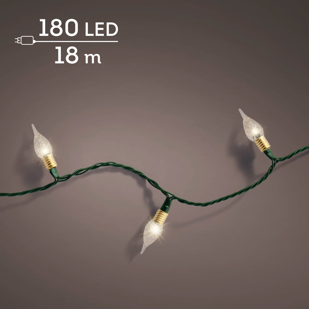 Warm white LED vintage Christmas lights on green cable with 8 twinkle functions, 17.9m, indoor, alternate view