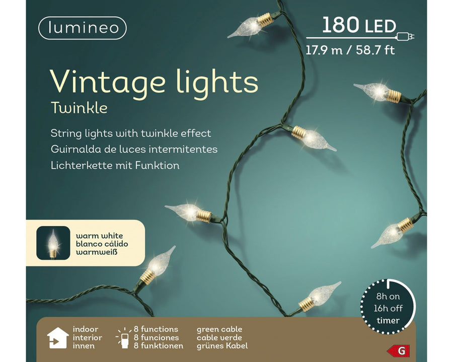 Warm white LED vintage Christmas lights on green cable with 8 twinkle functions, 17.9m, indoor
