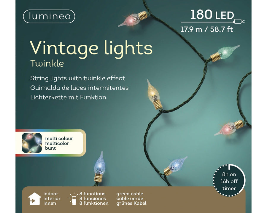 Multi-colour LED vintage Christmas lights with twinkle effect, 17.9m plug-in string