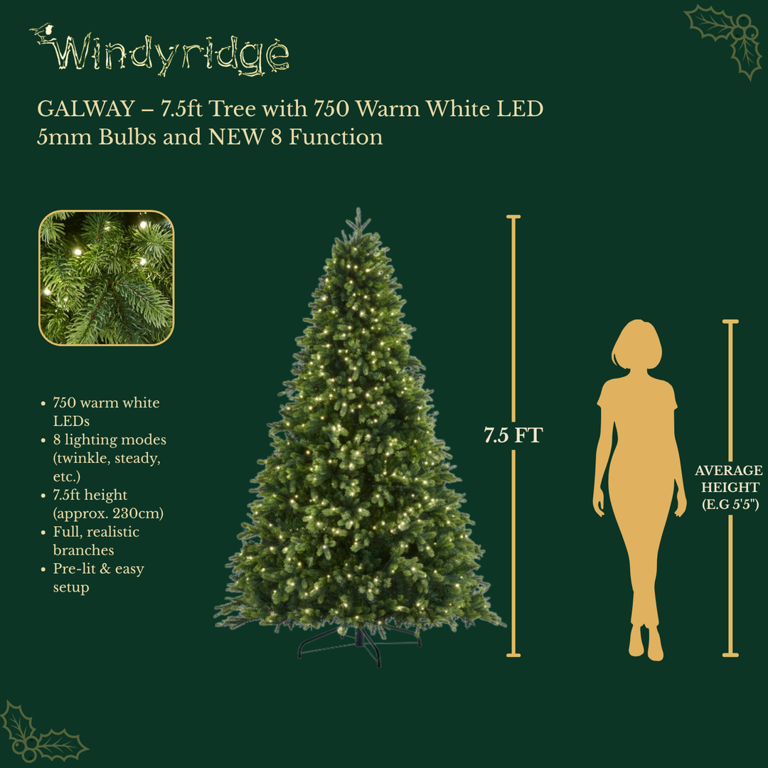 Galway Premium Pre-Lit Artificial Christmas Tree with 750 Warm White LEDs (8 Functions) - 7.5 ft