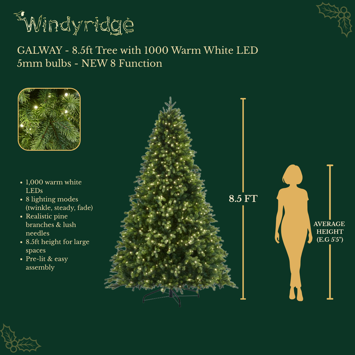 Galway Premium Pre-Lit Artificial Christmas Tree with 1000 Warm White LEDs (8 Functions) - 8.5 ft