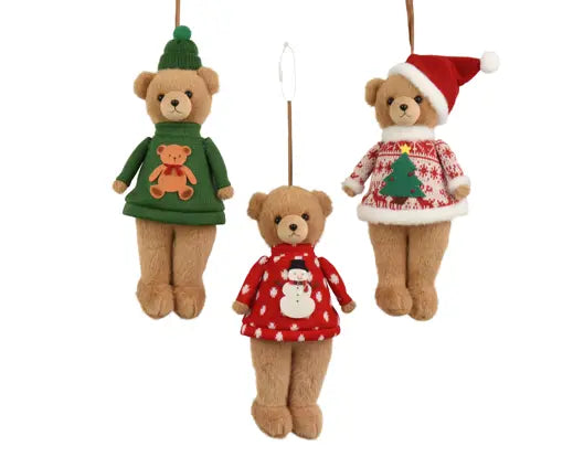 Bear polyester with brown satin hanger, with christmas hat  assorted L.30cm x W.13cm x H.10cm