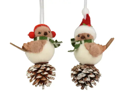 Bird foam christmas hat, green scarf, pinecone, satin hanger  assorted L.10cm x W.5.5cm x H.14.5cm