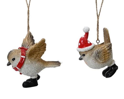Bird polyresin glitter w scarf and christmas hat 2ass multi L.5.6cm x W.7.8cm x H.7.8cm