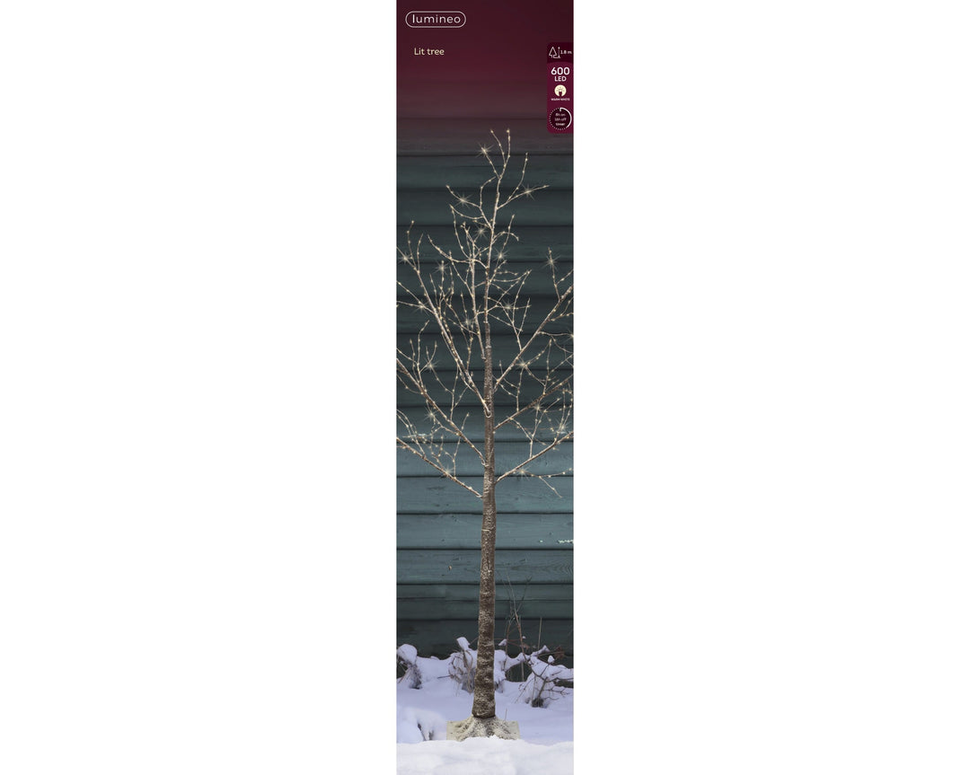 Snowy brown birch twig outdoor artificial Christmas tree with warm white micro LEDs, 180cm tall, alternate view