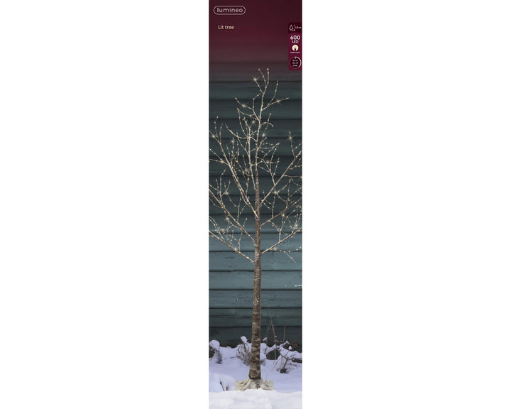 Snowy brown birch twig outdoor artificial Christmas tree with warm white micro LEDs, 180cm tall, alternate view
