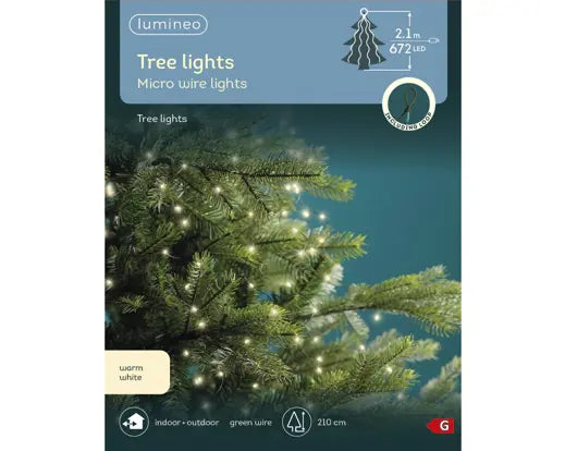 Packaging of lumineo tree lights with a Christmas tree on a blue background