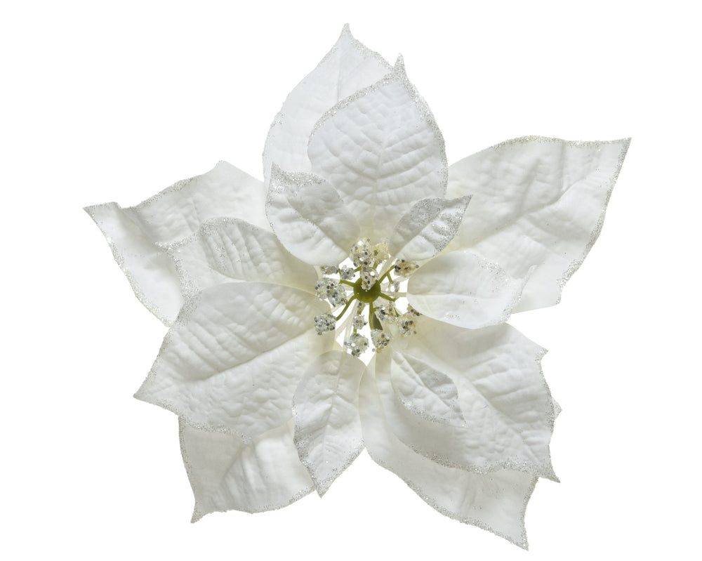 Poinsettia on clip polyester glitter fin on edges white