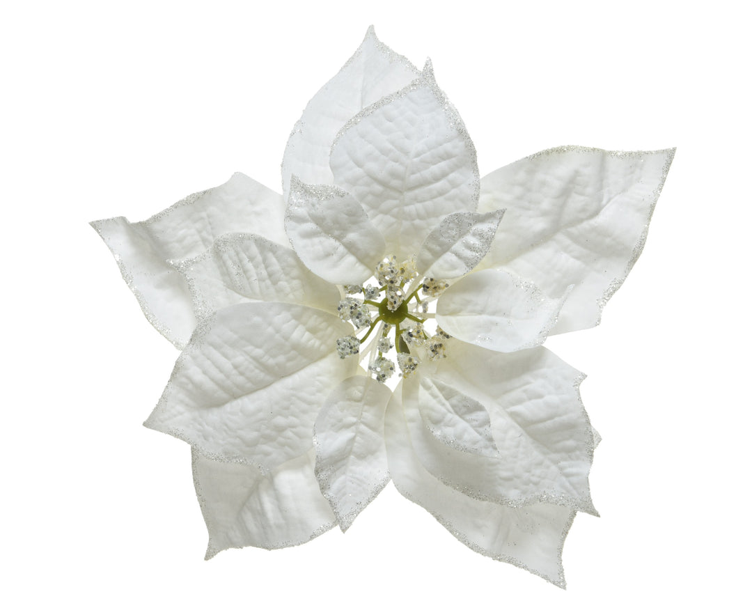 Poinsettia on clip polyester glitter fin on edges white