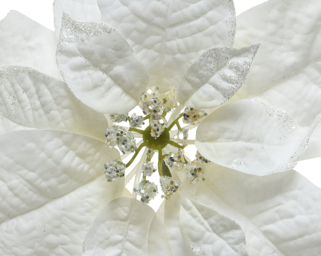 Poinsettia on clip polyester glitter fin on edges white