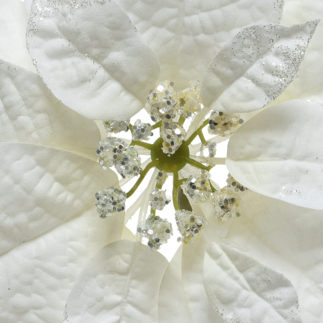 Poinsettia on clip polyester glitter fin on edges white