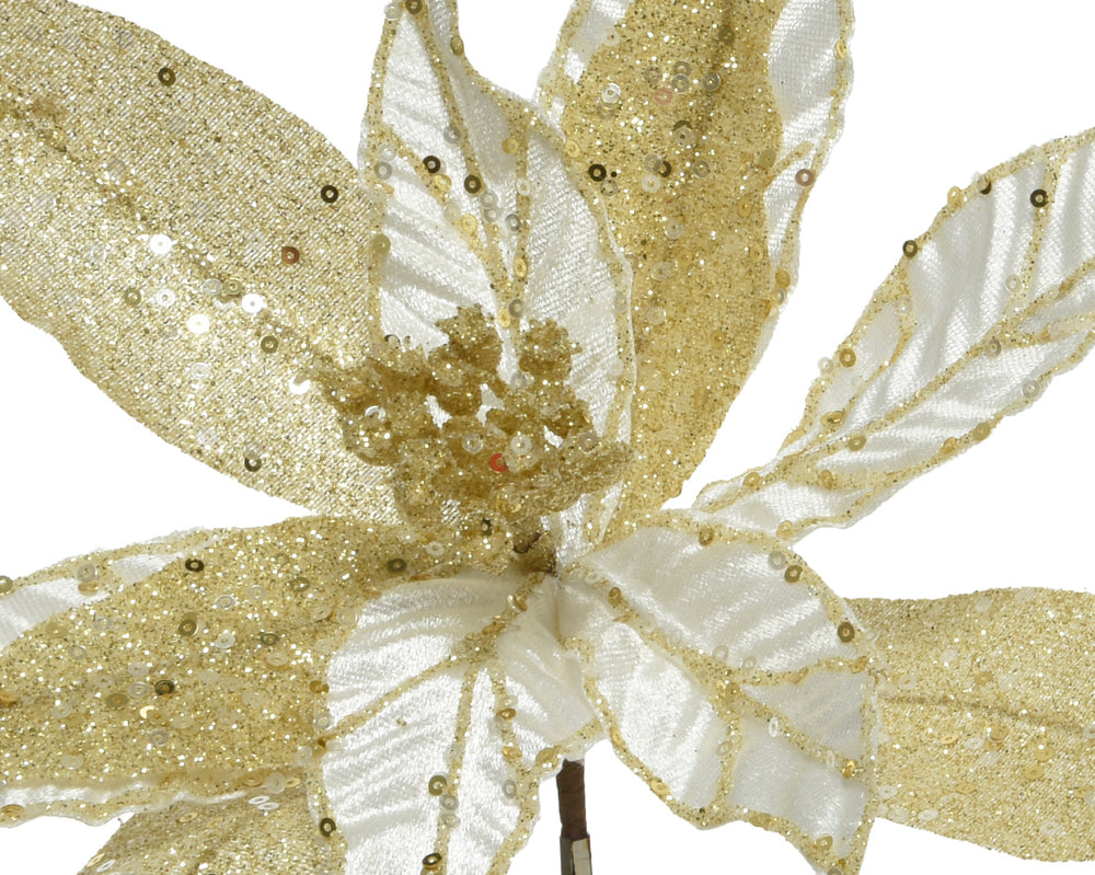 Flower on clip poinsettia polyester ivory/gold D.28cm x H.3cm