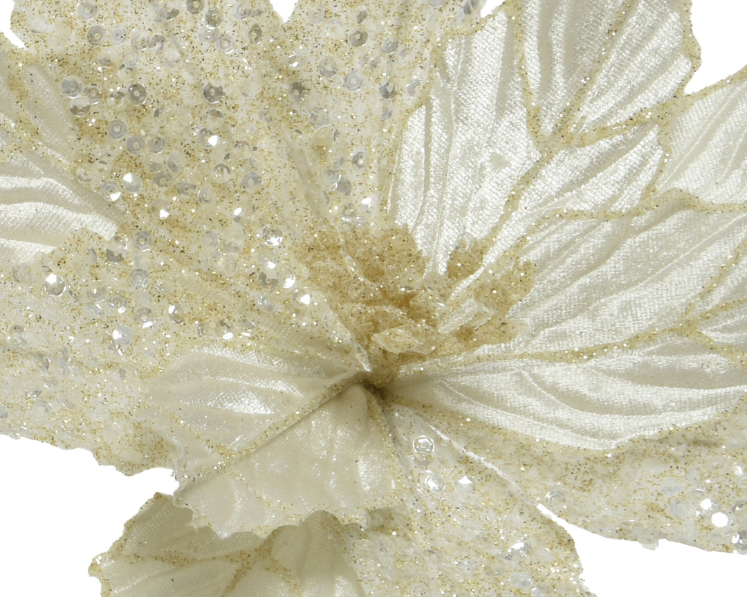 Flower on clip poinsettia polyester ivory/gold D.28cm x H.3cm