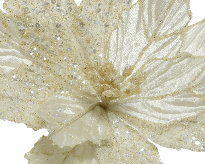 Flower on clip poinsettia polyester ivory/gold D.28cm x H.3cm