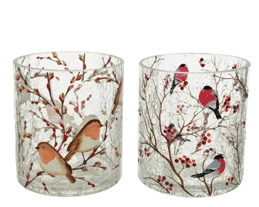 Tealightholder glass crackle bird clear D.9cm x H.10cm