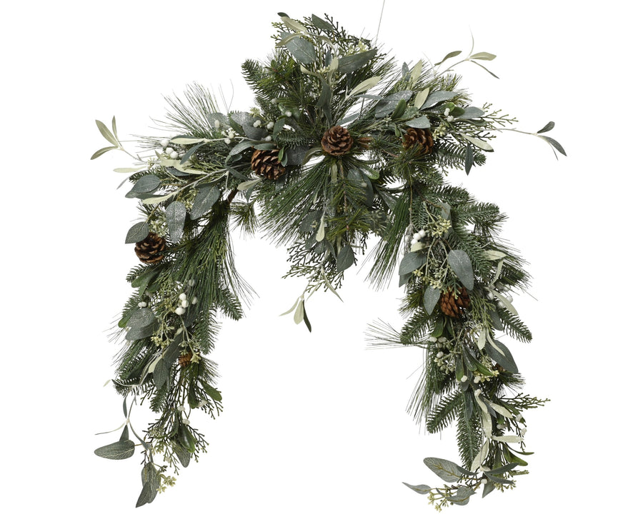 Modern green Christmas garland with glitter pinecones and eucalyptus