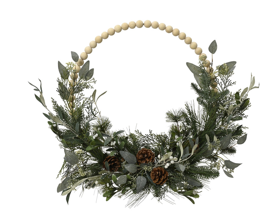 Modern green Christmas wreath with glitter wooden balls, pinecones and eucalyptus, alternate view