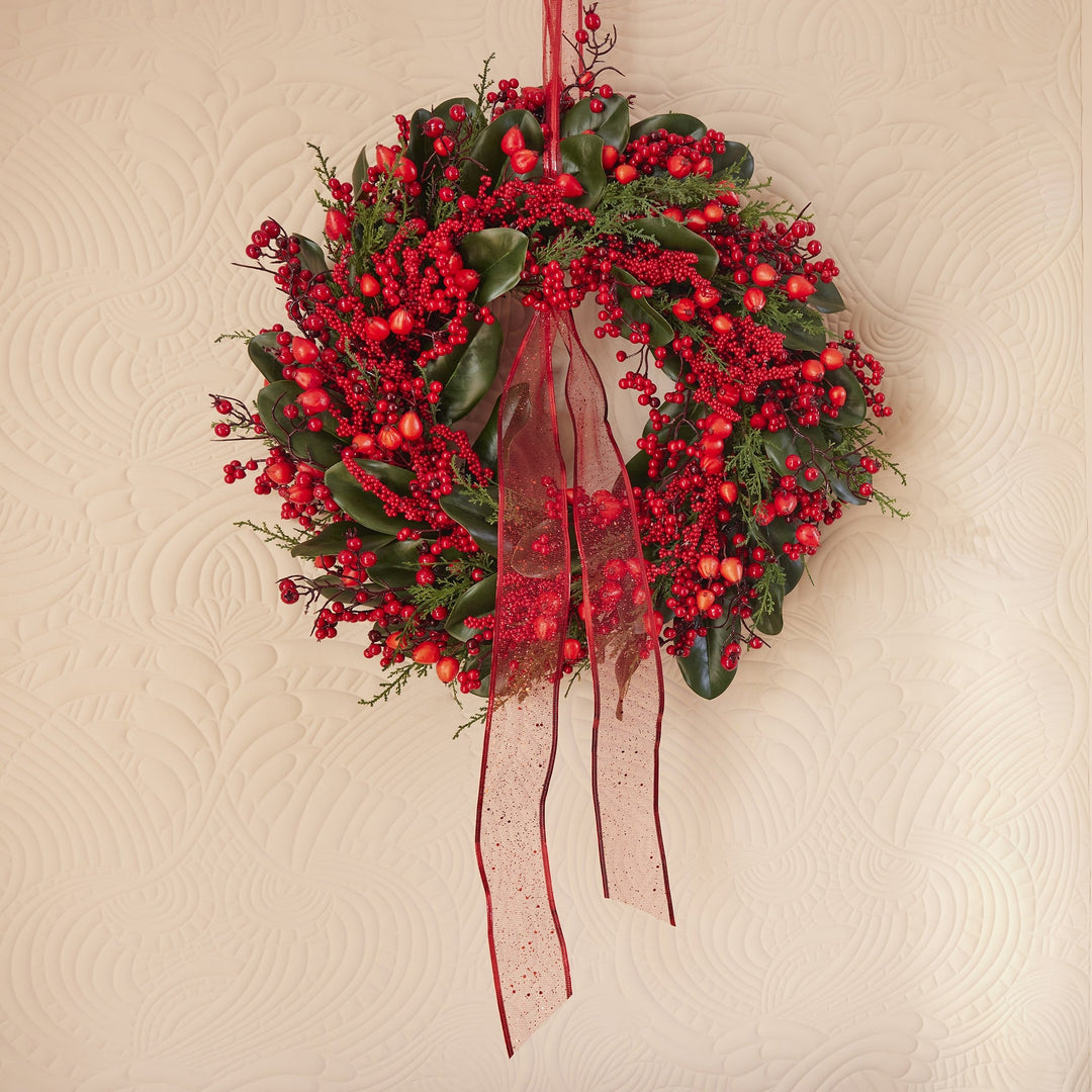Big berry Christmas wreath with red berries on green foliage, 60cm, alternate view