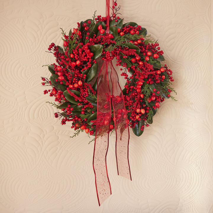 Big berry Christmas wreath with red berries on green foliage, 60cm, alternate view